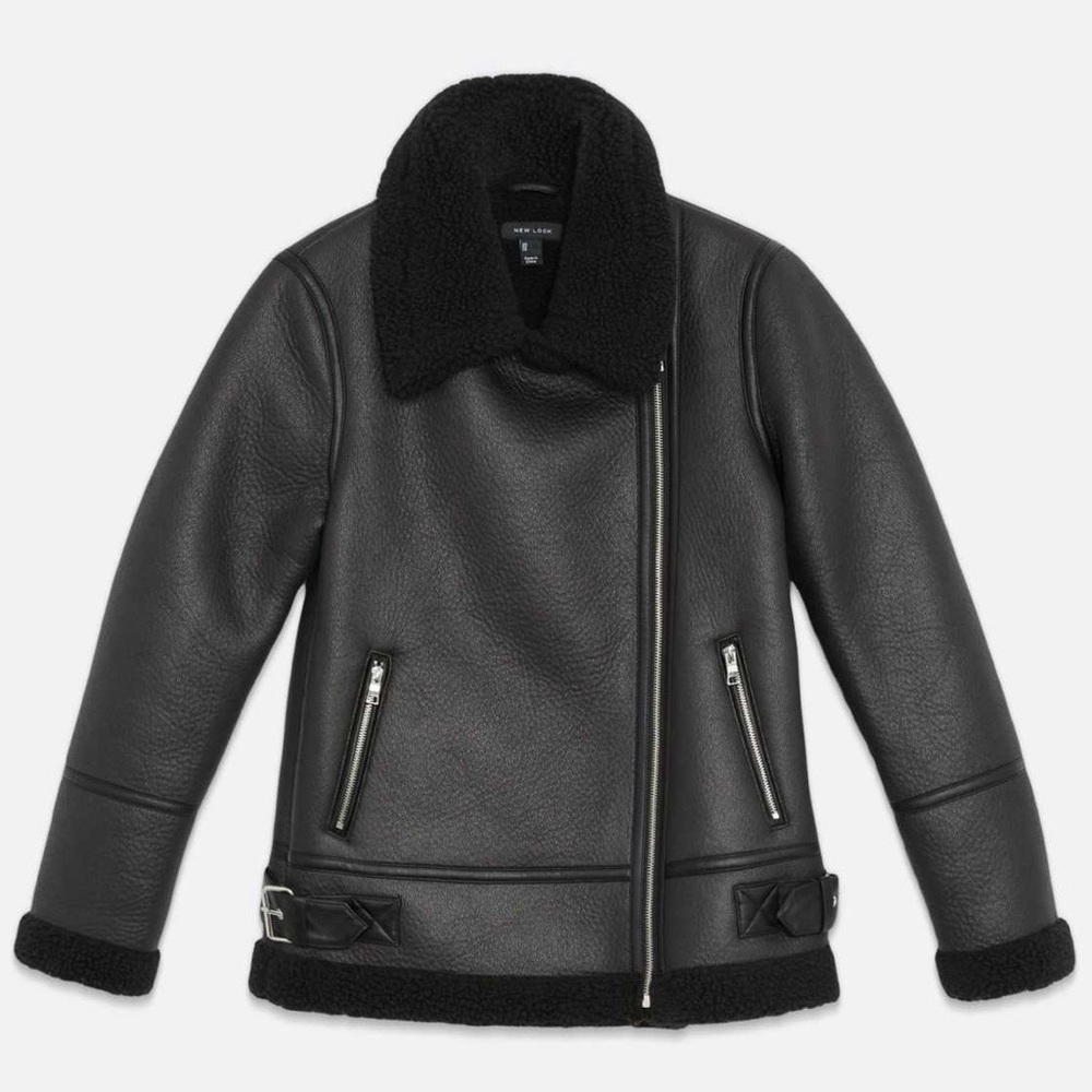Black Faux Leather Shearling Aviator Jacket, Medium